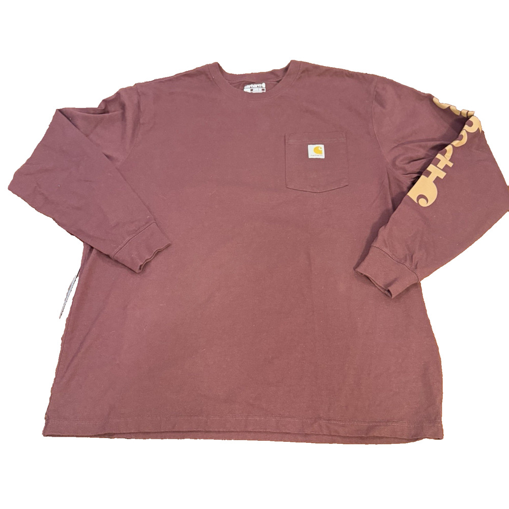 Carhartt Shirt Mens Sz XL Burgundy Long Sleeve Loose Fit Logo Workwear Cotton